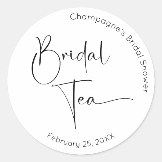Moderne Script Bruiloft Bridal Tea Ronde Sticker (Voorkant)