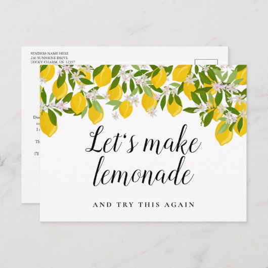 Moderne Script Bruiloft Change of Date Citroenen Briefkaart (Voorkant / Achterkant)