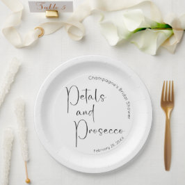 Moderne Script Bruiloft Feest Petals en Prosecco Papieren Bordje