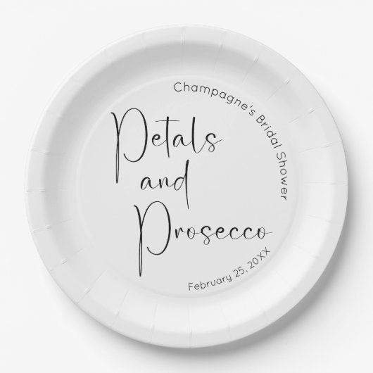 Moderne Script Bruiloft Feest Petals en Prosecco Papieren Bordje (Voorkant)