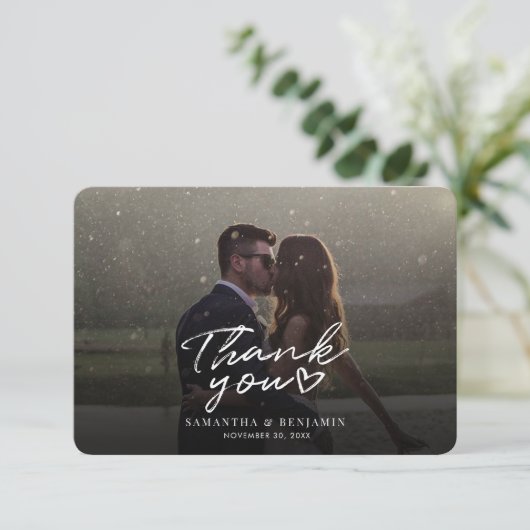 Moderne Script bruiloft foto dank u kaart (Staand voorkant)