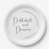 Moderne Script Bruiloft Pickleball & Prosecco Papieren Bordje (Voorkant)