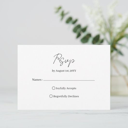Moderne Script Bruiloft RSVP Kaartje (Staand voorkant)