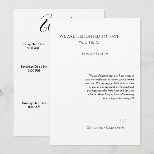 Moderne script bruiloften welkom & route weekend kaart (Voorkant / Achterkant)