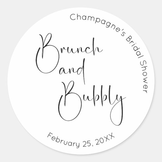 Moderne Script Bruiloftsborrel Brunch en Bruisend Ronde Sticker (Voorkant)