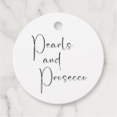 Moderne Script Bruiloftsborrel Parels en Prosecco Bedankjes Labels (Voorkant)