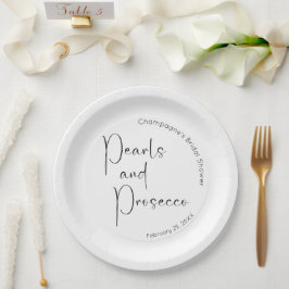 Moderne Script Bruiloftsborrel Parels en Prosecco Papieren Bordje