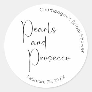 Moderne Script Bruiloftsborrel Parels en Prosecco Ronde Sticker