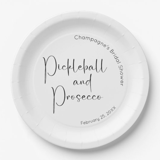 Moderne Script Bruiloftspartij Pickleball & Prosec Papieren Bordje (Voorkant)
