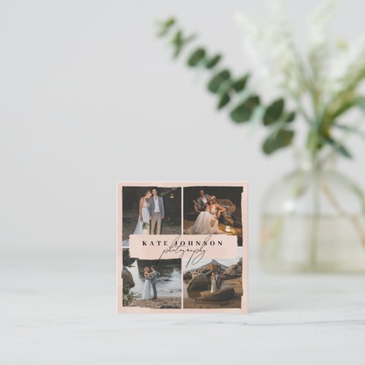 Moderne Script Brush Blush Roze Foto's Fotograaf Vierkante Visitekaartje (Staand voorkant)