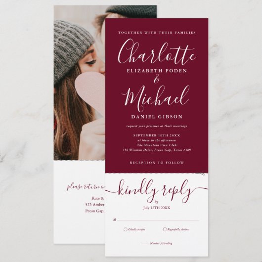 Moderne Script Burgundy All In One Foto Bruiloft Kaart (Voorkant / Achterkant)