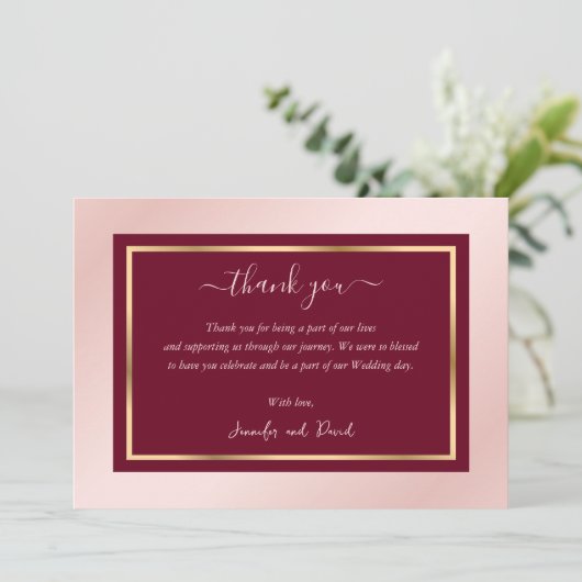 Moderne Script Burgundy Blush Gold Hartelijk dank Bedankkaart (Staand voorkant)
