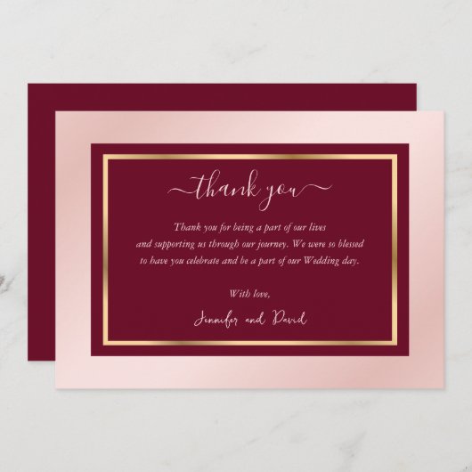 Moderne Script Burgundy Blush Gold Hartelijk dank Bedankkaart (Voorkant / Achterkant)