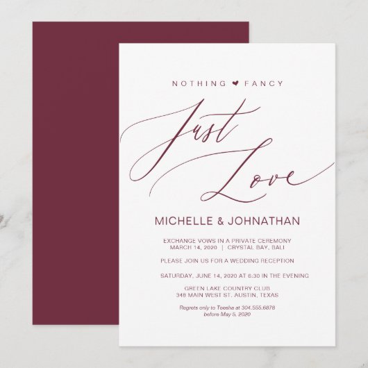 Moderne Script Burgundy Trouwen Elopement Ontvangs Kaart (Voorkant / Achterkant)