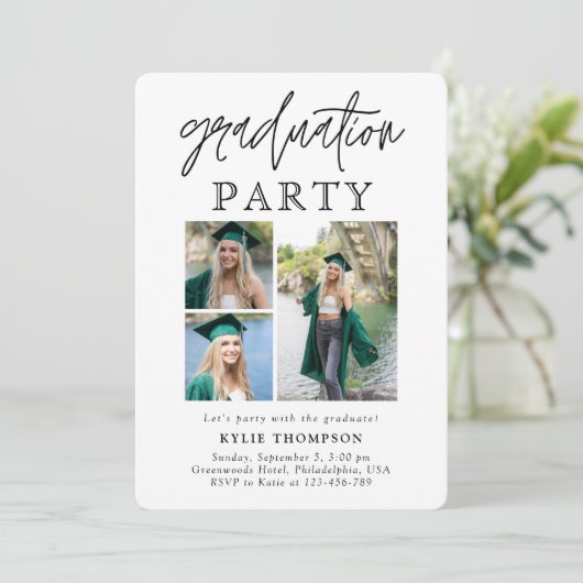 Moderne script calligrafie drie foto afstuderen kaart (Staand voorkant)