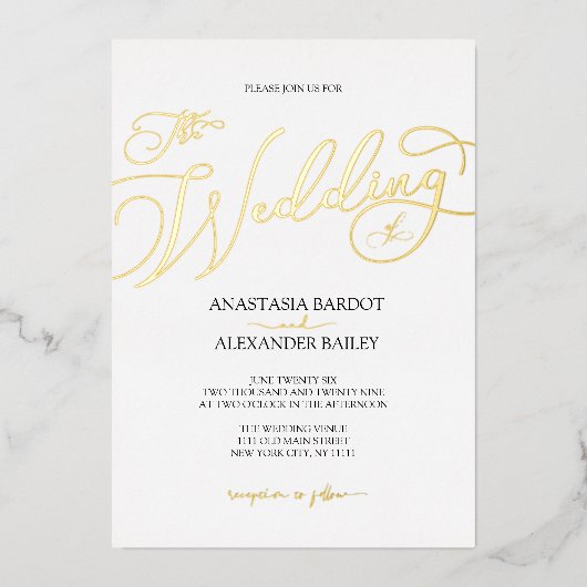 Moderne Script Calligrafie Luxe Trouwdag Echt Goud Folie Uitnodiging (Voorkant)