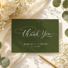 Moderne Script Calligrafie Olijfgroene Trouw Bedankkaart