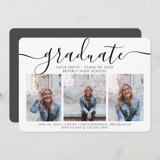Moderne Script Calligraphy 3 Photo Afstuderen Kaart (Voorkant / Achterkant)