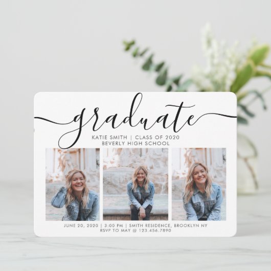 Moderne Script Calligraphy 3 Photo Afstuderen Kaart (Staand voorkant)