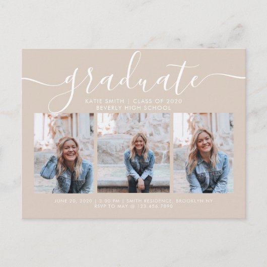 Moderne Script Calligraphy Afstuderen 3 Photo Taup Uitnodiging Briefkaart (Voorkant)