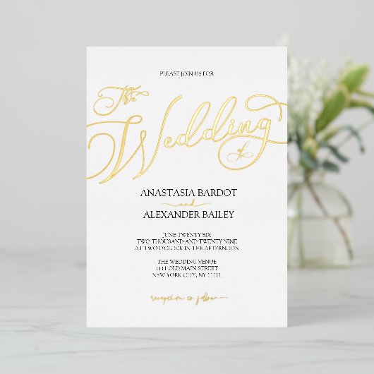Moderne Script Calligraphy Luxury Wedding Real Gol Folie Uitnodiging (Staand Voorkant)
