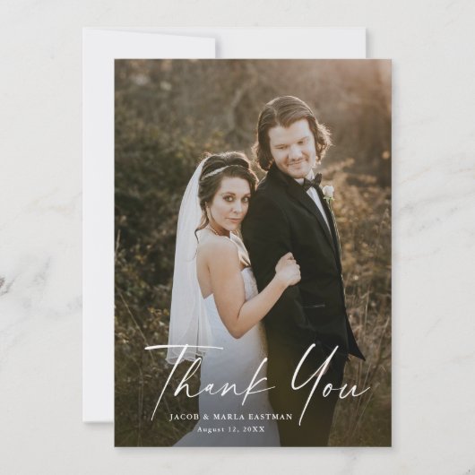 Moderne Script Calligraphy Photo Wedding Bedankkaart (Voorkant)