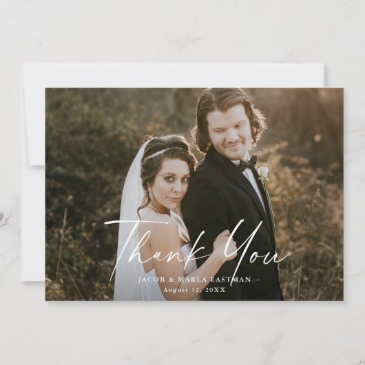 Moderne Script Calligraphy Photo Wedding Bedankkaart (Voorkant)