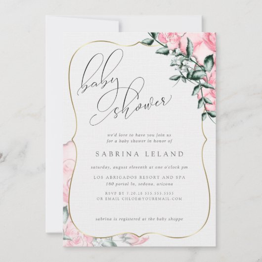 Moderne Script Calligraphy Pink Rose Baby shower Kaart (Voorkant)