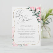 Moderne Script Calligraphy Pink Rose Baby shower Kaart (Staand voorkant)