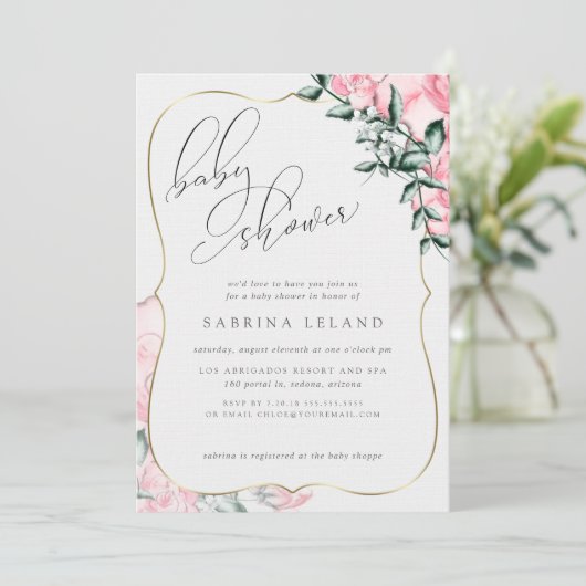Moderne Script Calligraphy Pink Rose Baby shower Kaart (Staand voorkant)