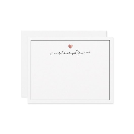 Moderne Script Calligraphy Roos Gold Heart Notitiekaartje (Voorkant / Achterkant in situ)