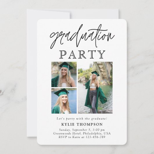 Moderne Script Calligraphy Three Photo Afstuderen Kaart (Voorkant)