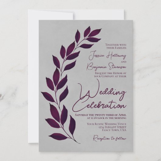 Moderne Script Cassis Paars Leaves op Gray Wedding Kaart (Voorkant)
