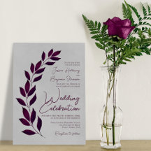 Moderne Script Cassis Paars Leaves op Gray Wedding