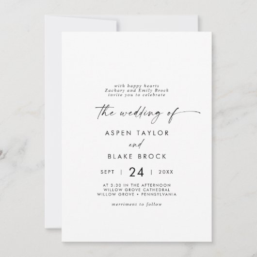 Moderne Script Casual Grooms Parents Wedding Kaart (Voorkant)