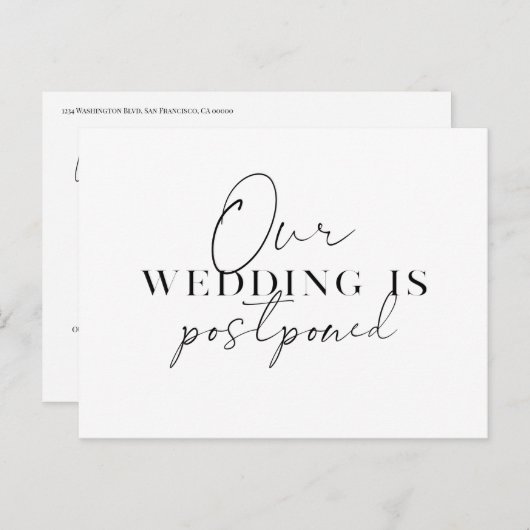 Moderne Script Change of Plans Wedding Postponemen Aankondigingskaart (Voorkant / Achterkant)