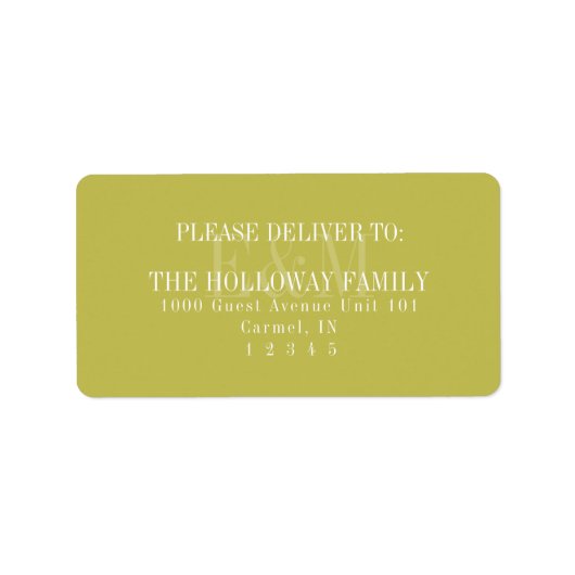 Moderne Script Chartreuse Citrus Monogram Huwelijk Etiket (Voorkant)
