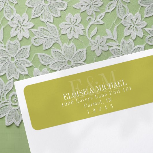 Moderne Script Chartreuse Citrus Monogram Huwelijk Etiket