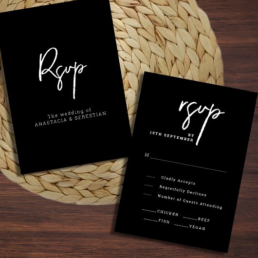 Moderne Script Chic Zwart-Wit Huwelijk RSVP Kaartje