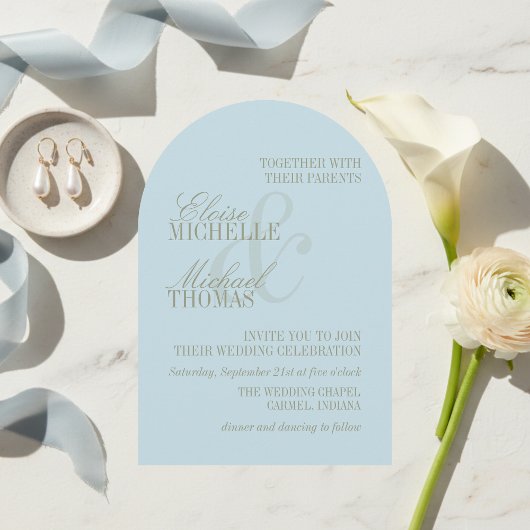Moderne Script Citrus Blau Formele Boog Trouw Kaart