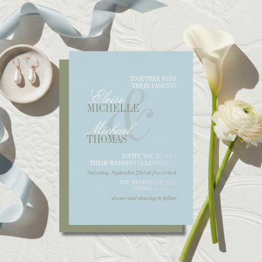 Moderne Script Citrus Blauwe Formele Trouwdag Folie Uitnodiging