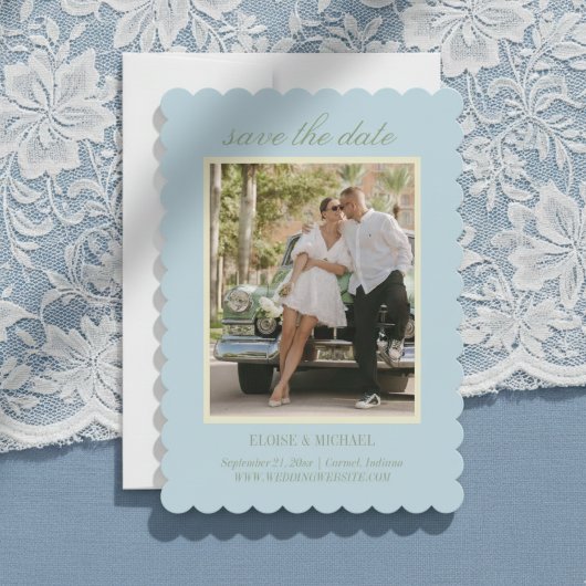 Moderne Script Citrus Blauwe Trouwfoto Save The Date