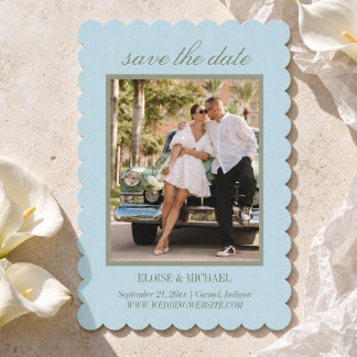 Moderne Script Citrus Blauwe Trouwfoto Save The Date