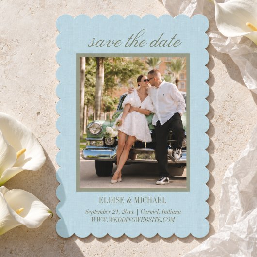 Moderne Script Citrus Blauwe Trouwfoto Save The Date