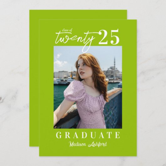 Moderne Script Citrus Photo Graduation Party Kaart (Voorkant / Achterkant)