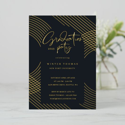 Moderne Script Concentric Arches Graduation Party Folie Uitnodiging (Staand Voorkant)