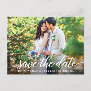 Moderne Script Couple Photo Save the Date W Aankondigingskaart