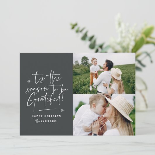 Moderne script dankbaar fotovakantie feestdagenkaart (Staand voorkant)