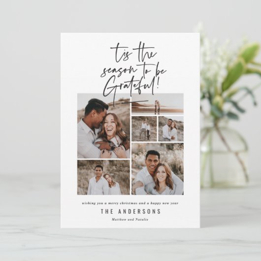 Moderne script dankbaar fotovakantie feestdagenkaart (Staand voorkant)