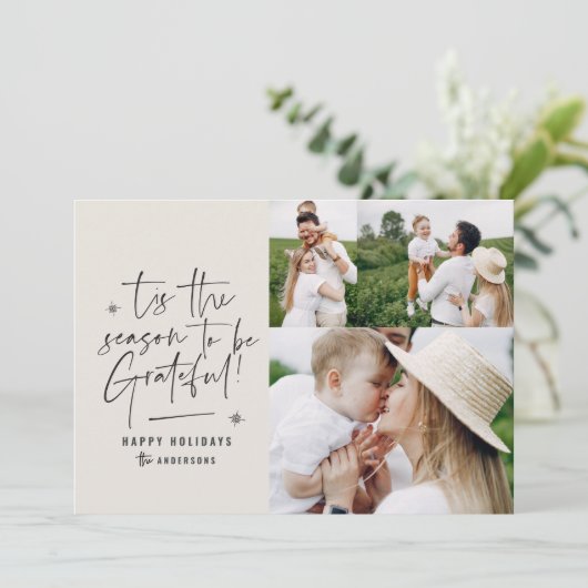 Moderne script dankbaar fotovakantie feestdagenkaart (Staand voorkant)